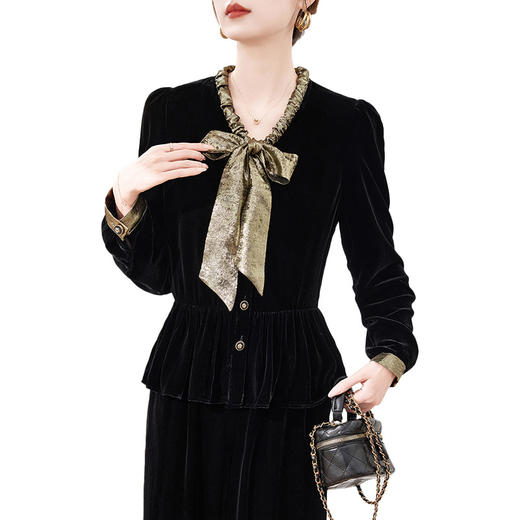 丁摩桑蚕丝丝绒长袖设计感新款真丝衬衫女飘带蝴蝶结洋气上衣ALAS0086 商品图4