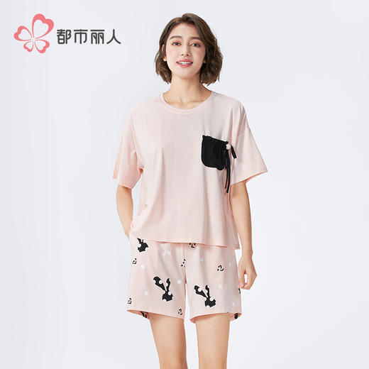 都市丽人生活家居女士棉质短袖套装薄32支CVC单面短袖类LHH2H1 商品图1