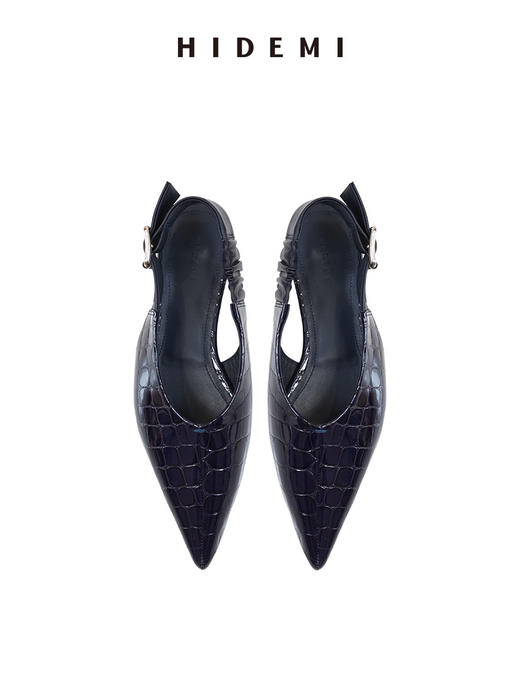 HIDEMI 进口牛皮鳄鱼纹尖头摩登松紧带可调节扣平底鞋单鞋 夜空蓝/杏仁灰 商品图8