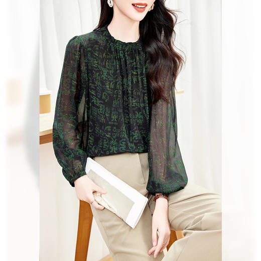 丁摩真丝衬衫女新款印花七分袖气质高端桑蚕丝上衣AL0366 商品图0
