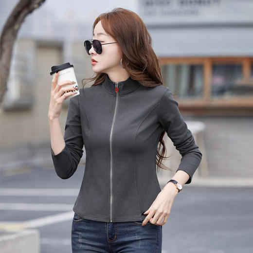 雀说新款立领拉链长袖t恤女装韩版棉质显瘦开衫AL6617 商品图2