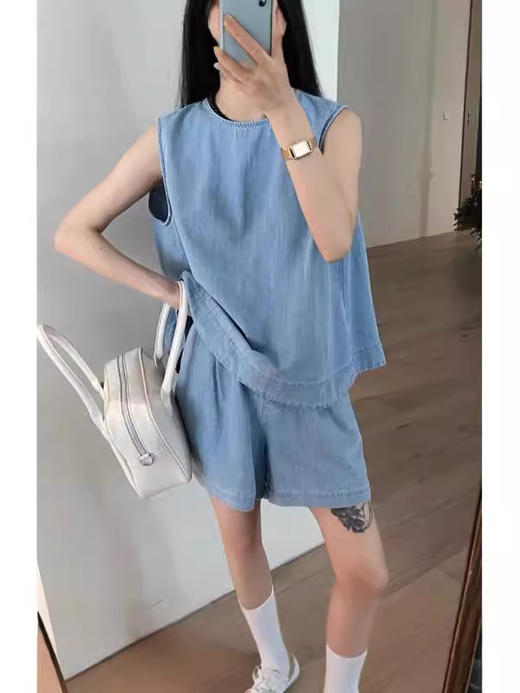 【新款仿牛仔背心套装】夏季 韩系显瘦无袖上衣 松紧腰短裤两件套 商品图0