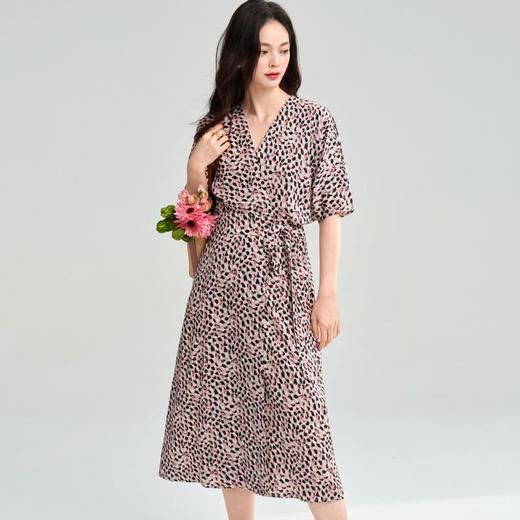 25夏季时尚气质粉色豹纹印花茶歇裙V领收腰一片式围裹连衣裙25088 商品图4