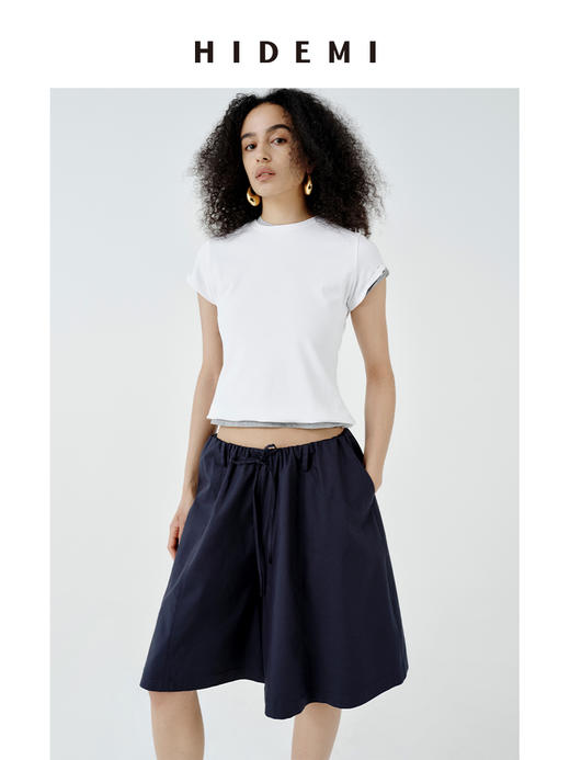 HIDEMI极简小圆领肩部拼接超显瘦基础款进口高弹收身款短款t恤 商品图7