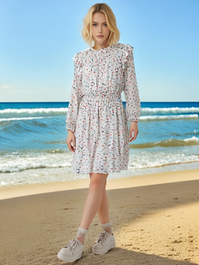 七夕福利-NO退-100%黏胶纤维花边领长袖印花中款连衣裙-喜出