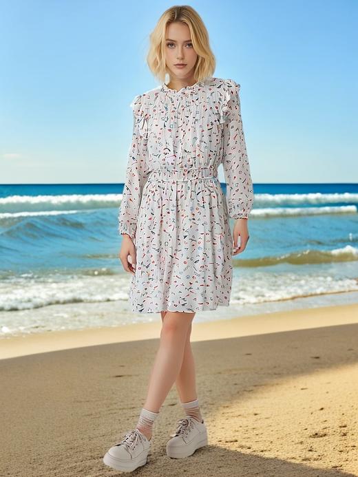 七夕福利-NO退-100%黏胶纤维花边领长袖印花中款连衣裙-喜出 商品图0