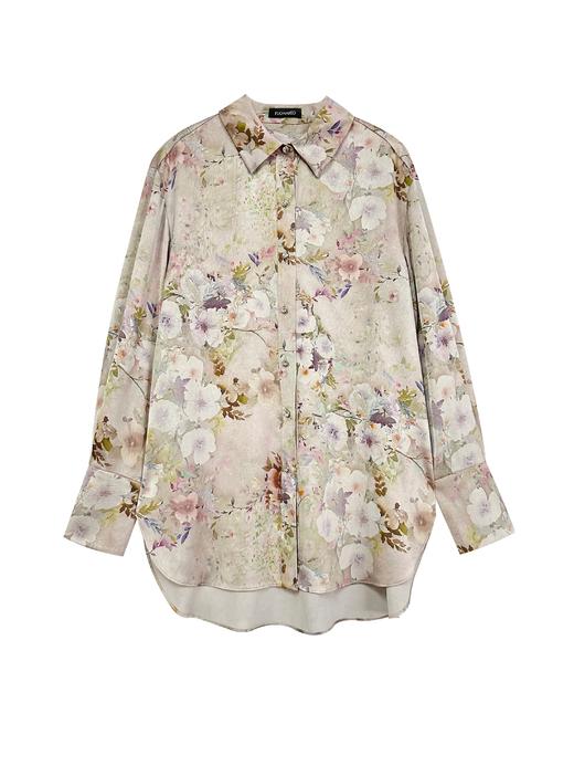 卡其色复古印花宽松长袖弧形下摆衬衣 商品图0