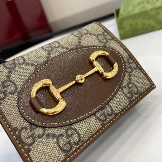 GUCC*古家 Horsebit 1955 复古金扣马衔扣老花Logo拉链开合 帆布拼皮 卡包钱包 常规 女款 乌木色/棕色（CB） 商品图4