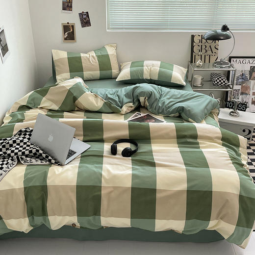 蓝若亭亲肤棉军绿大格纽扣款四件套 商品图0