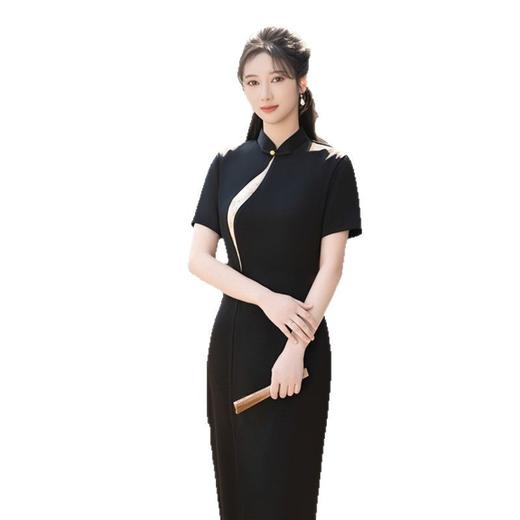 GX现代时尚改良新中式仿醋酸黑色长款短袖旗袍2025春夏新款日常旗袍 商品图4