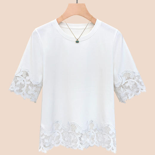 雀说设计感蕾丝拼接圆领半袖T恤女新款简约百搭显瘦纯色上衣AL695 商品图2