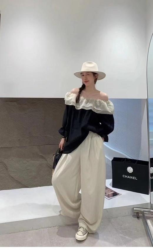 冰点价！仅限11.11！退货勿拍 原创设计师品牌- CHUMO初沫8008一字肩宽松黑拼米色花边领小衫-喜出 商品图2