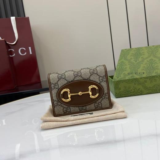 GUCC*古家 Horsebit 1955 复古金扣马衔扣老花Logo拉链开合 帆布拼皮 卡包钱包 常规 女款 乌木色/棕色（CB） 商品图0