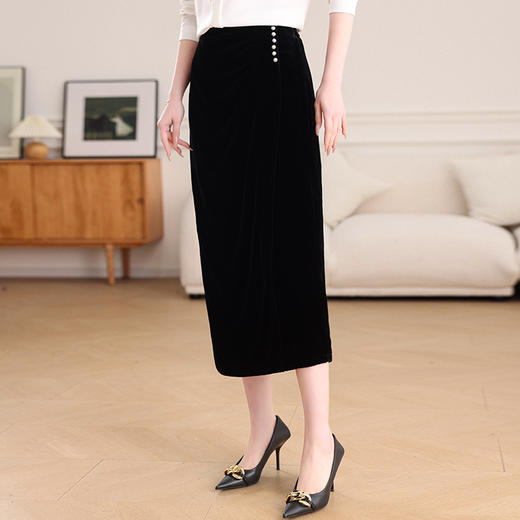 丁摩垂感真丝丝绒包臀裙女新款通勤优雅一步裙中长款显瘦半身裙AL7637 商品图2