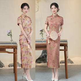 GX仿花罗长款短袖旗袍2025春新款复古国风宴会旗袍