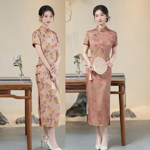 GX仿花罗长款短袖旗袍2025春新款复古国风宴会旗袍 商品图0