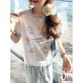 <曾小咸推荐>小清新白色印花短袖撞蓝色边宽松T恤