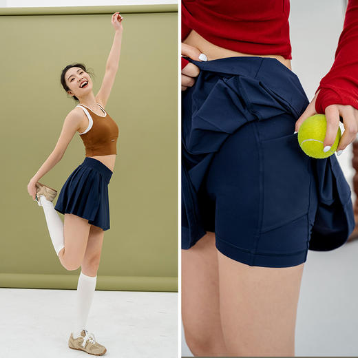 L RECNAVA 高腰加宽腰头 侧边褶皱裙摆网球裙 凉感50D加密四面弹面料 带打底裤 有口袋 商品图0