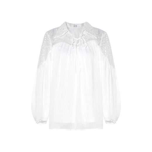 两三事 轻吟光羽 2025春季新款镂空蕾丝拼接绑带翻领雪纺衫女宽松 商品图4