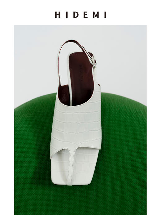 HIDEMI【当当同款】进口羊皮露趾设计感可调节扣中高跟凉鞋 红色/深棕色/白色鳄鱼纹/粉色鳄鱼纹 商品图12