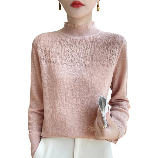雀说羊毛混纺新款女装蕾丝拼接镂空半高领修身针织打底衫毛衣ALQT2-437 商品图4