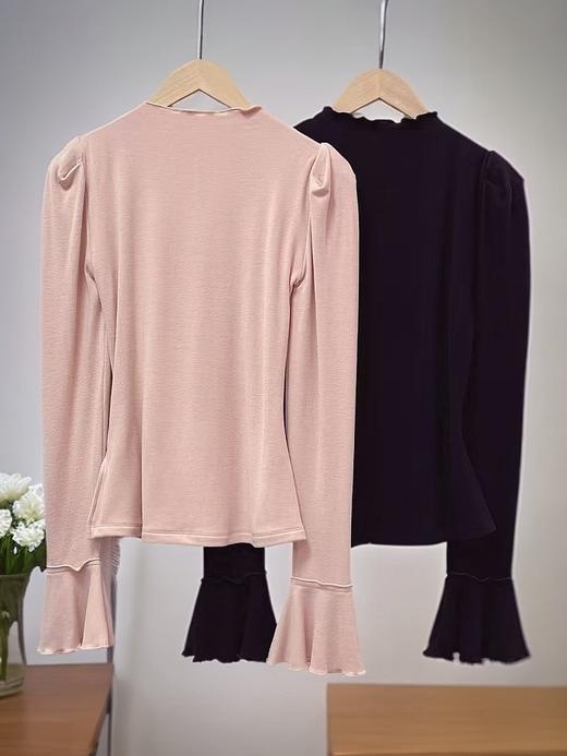 12.12错过没有！清货不退不参与退货-德绒修身喇叭袖包边泡泡袖打底衫4523-喜出 商品图0