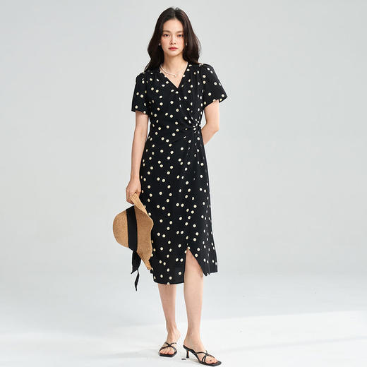 25夏新款红/袖同款泡泡袖黑色波点连衣收腰V领显瘦雪纺裙女18296 商品图3