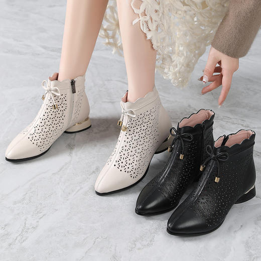 雀说真皮女靴复古镂空女鞋中粗跟妈妈鞋高帮打孔牛皮洞洞凉鞋AL3287 商品图2