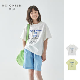 棵初25年夏季新款童装小猫日记趣味印花短袖T恤元气活泼女童上衣