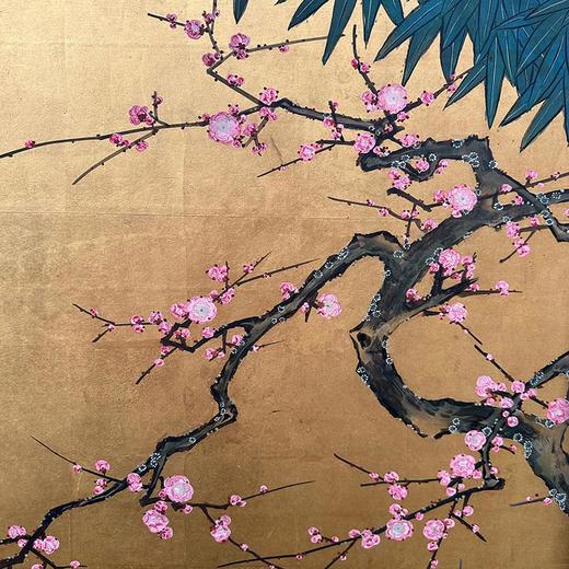 独角鹿西洋古董 19世纪日本江户时代出品「竹梅鸳鸯」主题金地纸本设色六曲屏风 商品图2