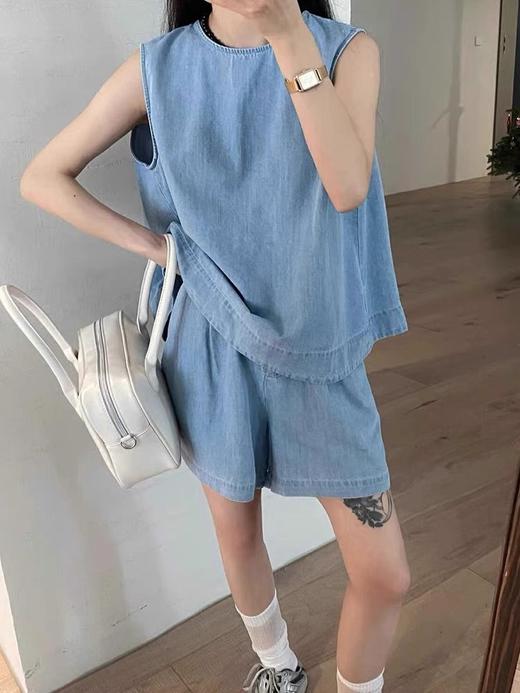 【新款仿牛仔背心套装】夏季 韩系显瘦无袖上衣 松紧腰短裤两件套 商品图5