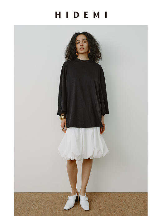 HIDEMI极简设计感压褶花苞甄选长绒棉纸感蓬蓬半身裙 黑色/自然白 商品图8