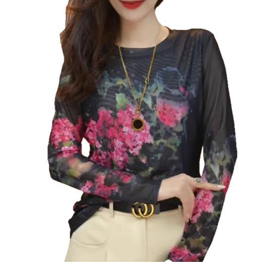 雀说圆领网纱打底小衫长袖女印花高级感春季新款洋气上衣时尚t恤ALSMZ34378 商品图4