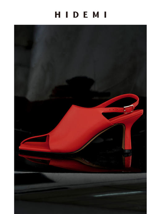 HIDEMI【当当同款】进口羊皮露趾设计感可调节扣中高跟凉鞋 红色/深棕色/白色鳄鱼纹/粉色鳄鱼纹 商品图8