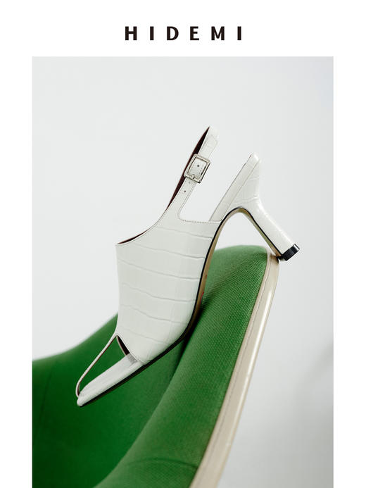HIDEMI【当当同款】进口羊皮露趾设计感可调节扣中高跟凉鞋 红色/深棕色/白色鳄鱼纹/粉色鳄鱼纹 商品图11