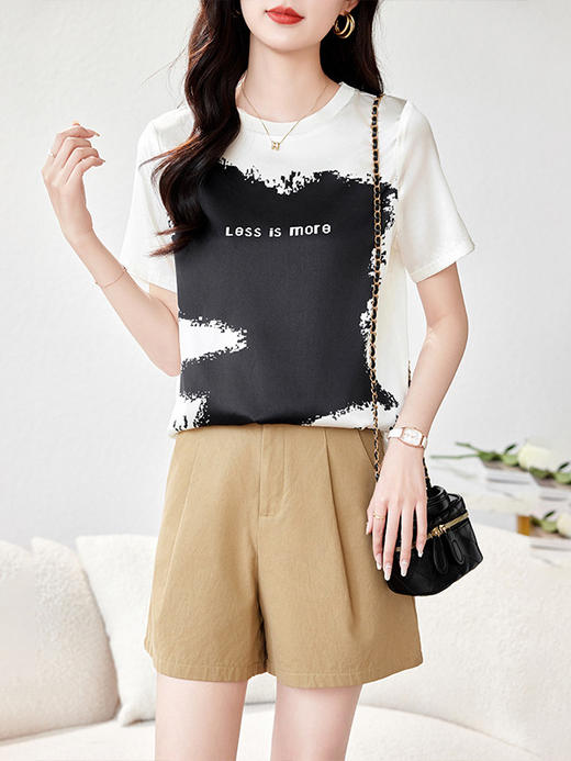 丁摩高级感个性印花真丝T恤女宽松圆领小众短袖桑蚕丝休闲上衣AL 商品图5