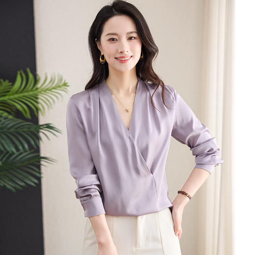 丁摩真丝衬衫女时尚纯色V领设计感简约紫色桑蚕丝上衣AL 商品图0