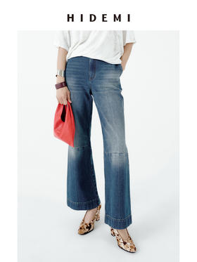 HIDEMI都市单宁系列多重水洗猫须拼接做旧感超显瘦喇叭九分裤牛仔裤