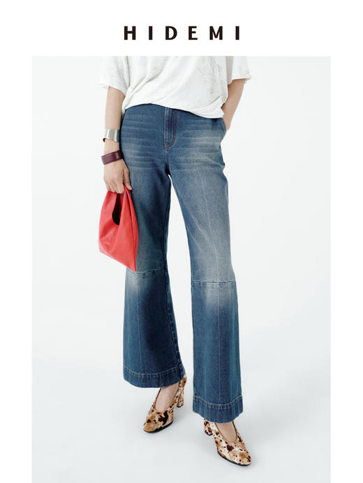 HIDEMI都市单宁系列多重水洗猫须拼接做旧感超显瘦喇叭九分裤牛仔裤 商品图0