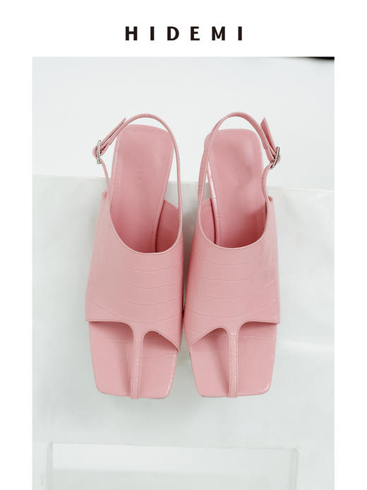 HIDEMI【当当同款】进口羊皮露趾设计感可调节扣中高跟凉鞋 红色/深棕色/白色鳄鱼纹/粉色鳄鱼纹 商品图10