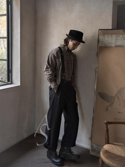 John Alexander Skelton 黑色英制重磅羊毛单褶直筒裤 商品图4