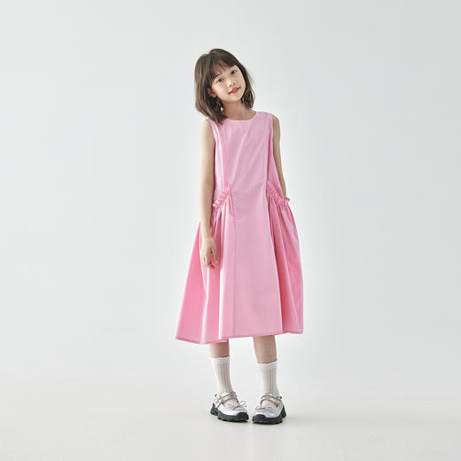 棵初2025年夏季新款儿童纯色无袖连衣裙女童木耳花边口袋中长裙 商品图3