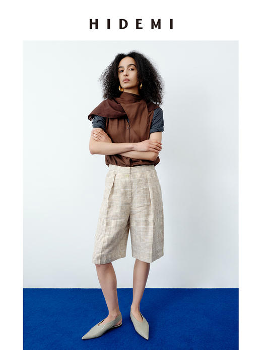 HIDEMI 甄选天然百分水洗做旧感色织亚麻极简宽松口袋男朋友西装中短裤套装 商品图9