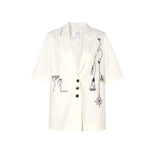 两三事 月下戏猫 2025春季新款趣味绣花短袖西装外套女宽松 商品图4