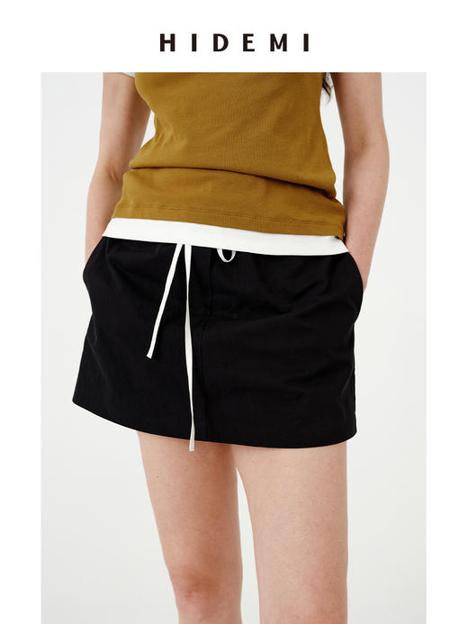 HIDEMI 极简设计感黑白撞色拼接抽绳松紧腰a字型显瘦休闲半身裙短裙 商品图1