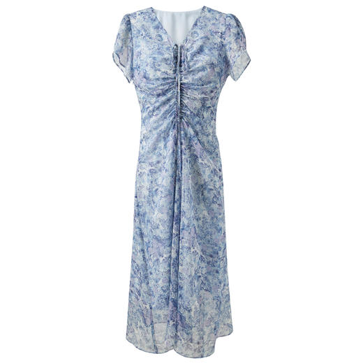 三彩2025夏季新款浪漫碎花裙V领抽绳飘带连衣裙A字裙长裙M 商品图4