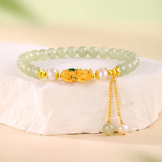 周六福S925银貔貅转运珍珠和田玉手串ZLFY122082★ 商品图4