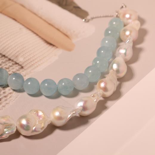 甄珠贝 很梦幻的一串项链 大巴，约13mm，chao油亮，滑皮，ji光炫彩+海蓝宝水晶11mm 商品图2