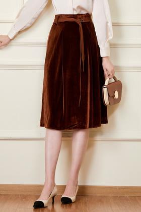 Le Malene 棕色中长款丝绒腰带半裙 19907