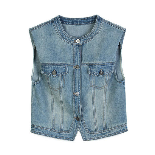 NEELLY纳俪商场同款夏新款复古百搭牛仔套装女简约叠穿马甲两件套N25041D01016 商品图3